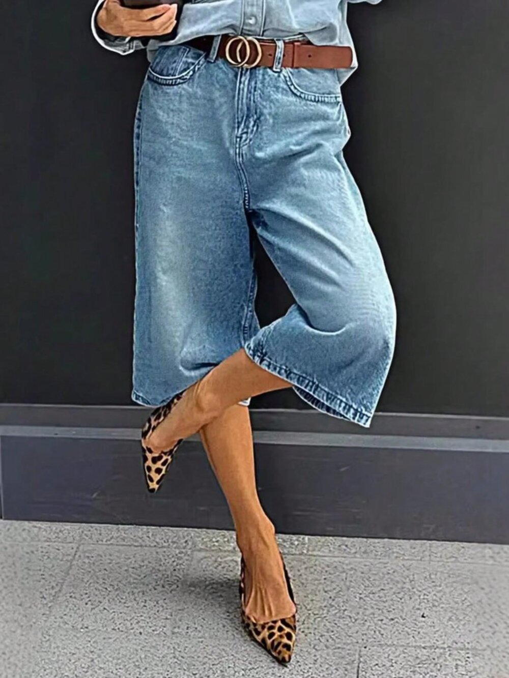Medium Blue Bohemian Women's Denim Bermuda Shorts with Button Zipper Detail - Picture 3 of 6